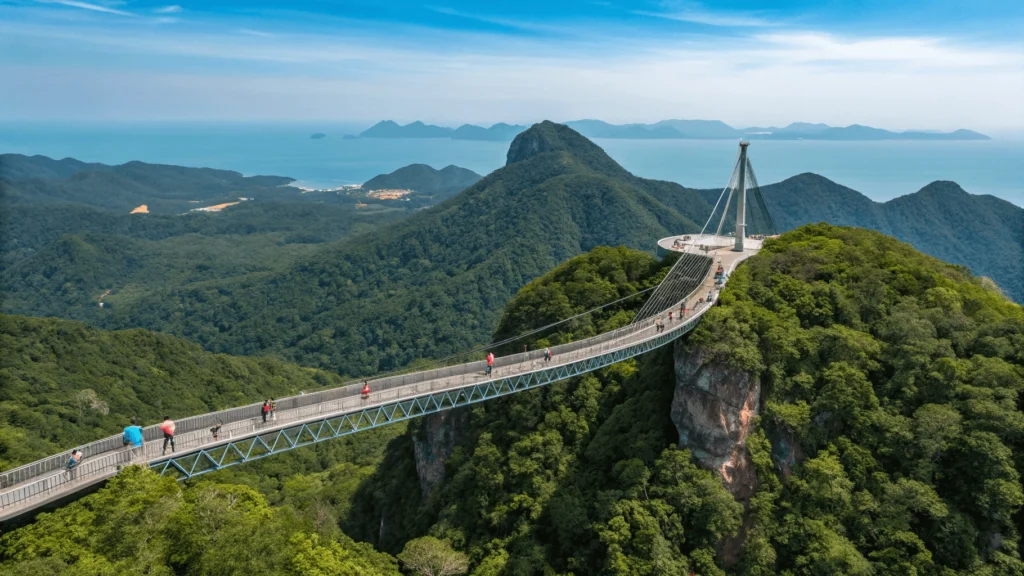Langkawi Sky Bridge on a perfectly clear day in January showing tourists walking along the curved pedestrian bridge against brilliant blue skies with panoramic views of green mountains and the Andaman Sea.