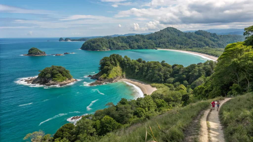 Panoramic view of Cathedral Point in Manuel Antonio National Park showing white sand beaches, turquoise water, and lush rainforest from an elevated hiking trail.