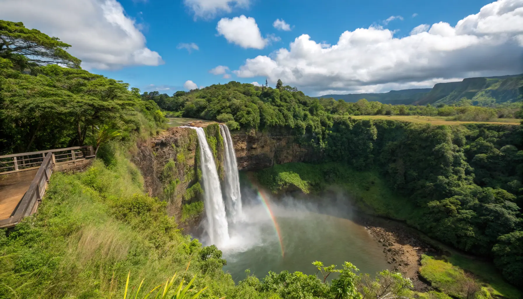 Wailua Falls twin waterfalls cascading down green volcanic cliffs with rainbow in mist from official viewpoint