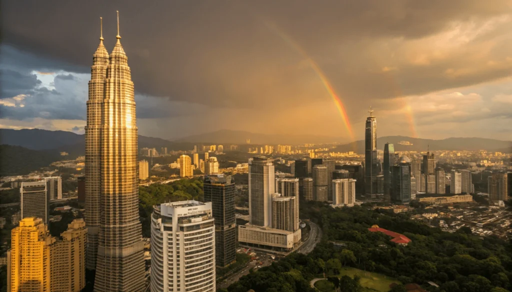 Panoramic sunset view from KL Tower showing Kuala Lumpur cityscape in golden evening light after rain with rainbow arching over the skyline, featuring Petronas Towers, modern skyscrapers, traditional neighborhoods, and green spaces