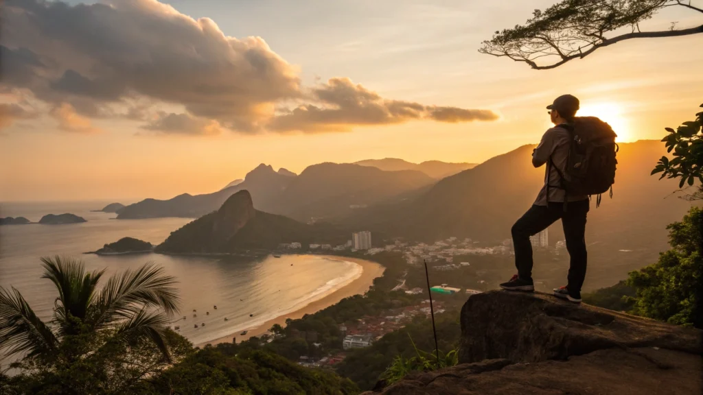  Symbolic sunset over diverse Thai landscape incorporating beach, mountains and urban elements with tourist observing the scene