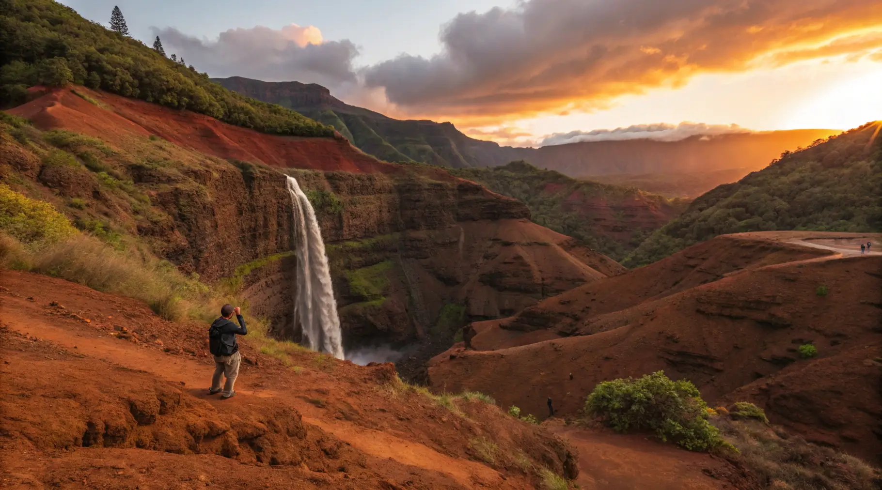 Artistic sunset view of Red Dirt Waterfall within the broader Waimea Canyon landscape, with silhouetted visitors providing scale.