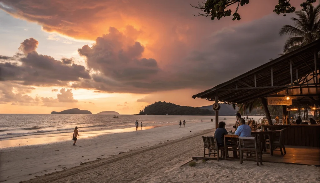 Sunset at Pantai Cenang beach in Langkawi after rain with dramatic clearing clouds revealing orange-pink sky, wet sand reflecting light, and travelers enjoying the moment from beach bar shelter.
