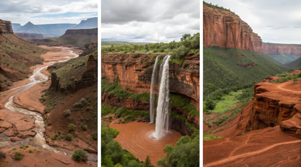  Triptych showing Red Dirt Waterfall from multiple perspectives - wide landscape view, detailed flow patterns, and heavy flow after rainfall.