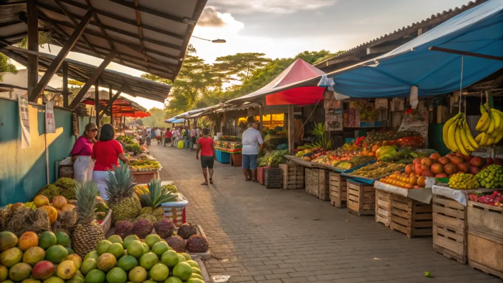 Colorful local farmers market in Jaco, Costa Rica with vendors selling tropical fruits, vegetables, and handcrafts to a mix of locals and tourists.