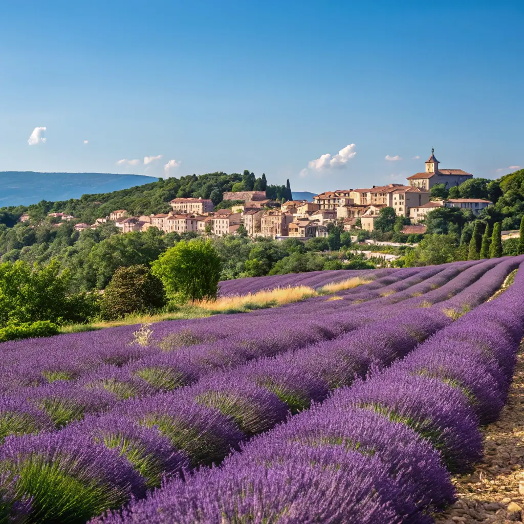 Lavender fields in Provence with charming villages and blue sky, showcasing the best areas to visit in France.