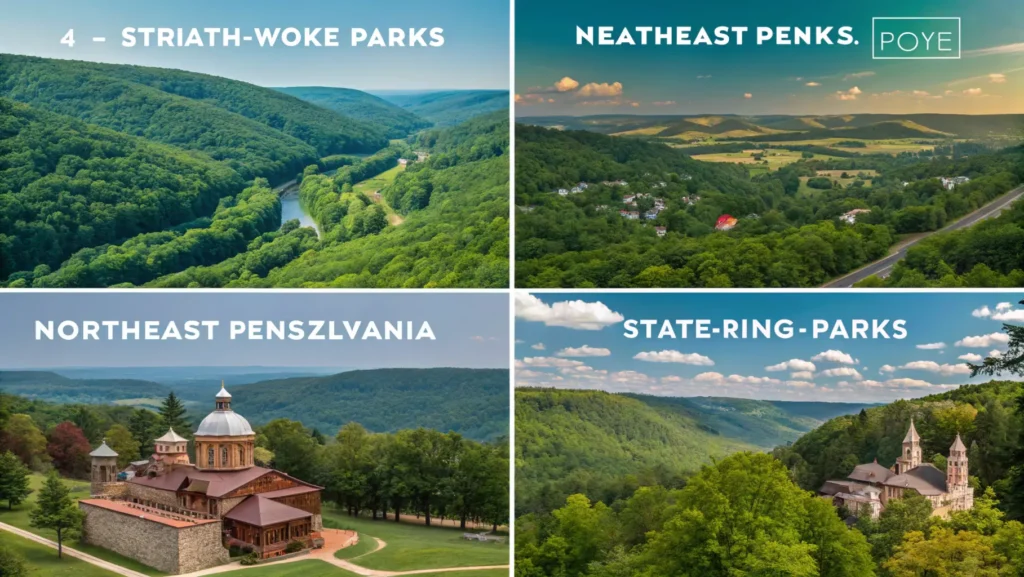A vibrant scene of attractions in Northeast Pennsylvania, featuring state parks, hiking trails, and charming towns amidst natural beauty.