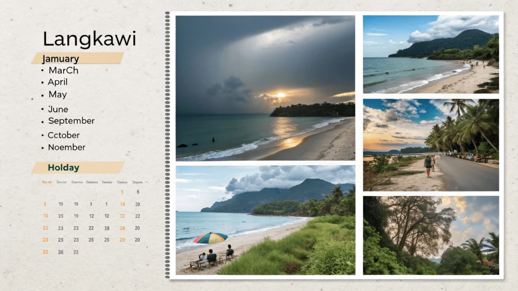 Calendar-style collage with 12 images of Langkawi showing monthly weather variations and tourism patterns throughout the year, from sunny crowded beaches in January-March to dramatic rainy landscapes June-September and improving conditions October-December.