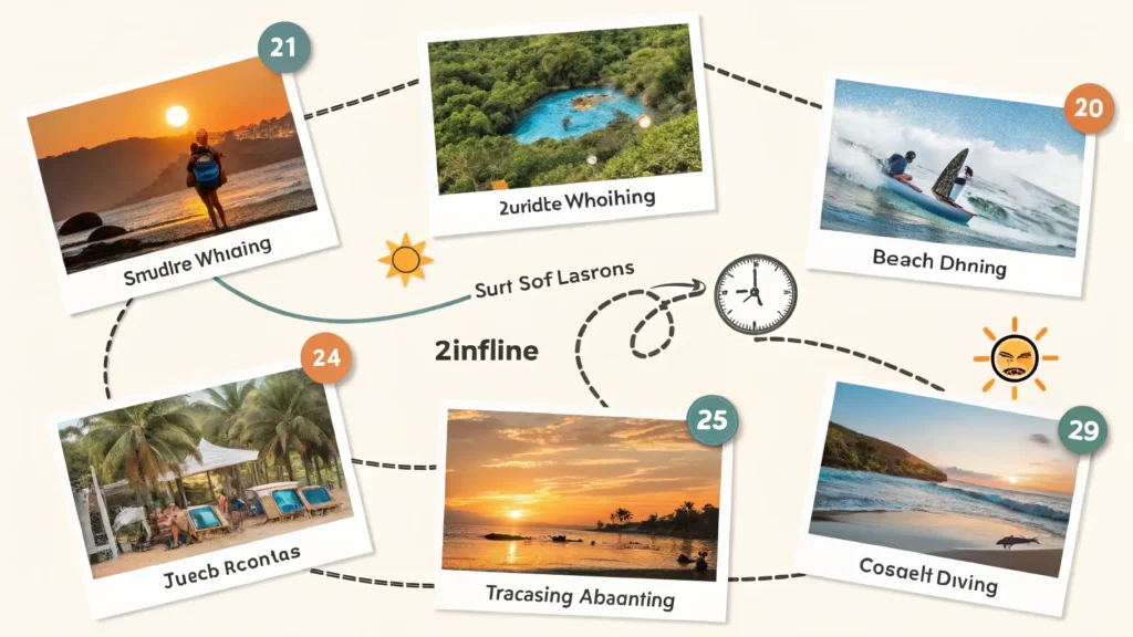 Visual timeline of sample Tamarindo vacation itineraries showing daily activities from surfing to wildlife watching