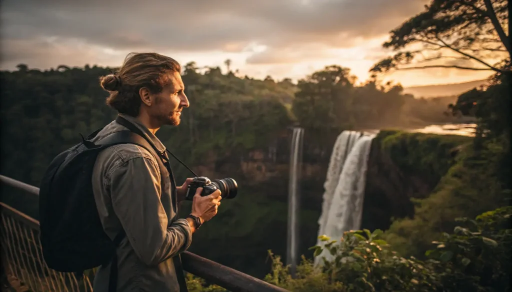 Travel writer/photographer observing Wailua Falls during golden hour