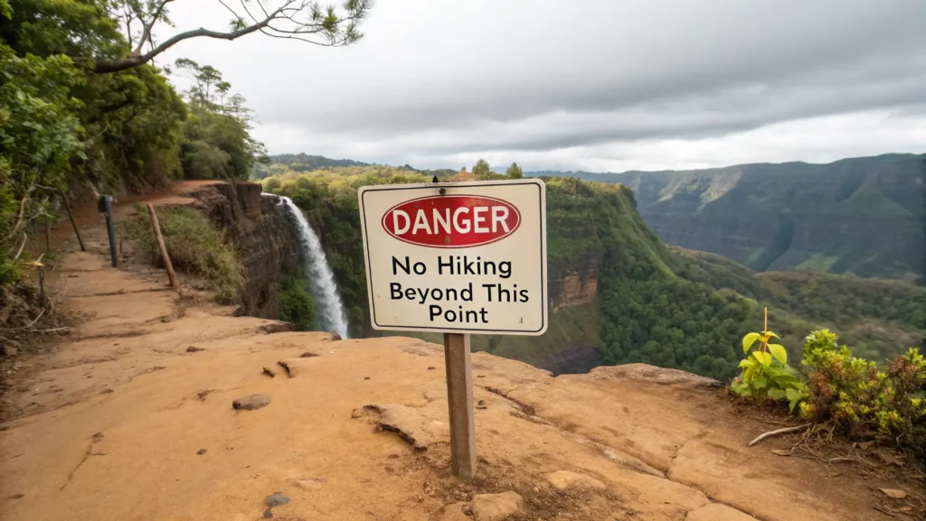 Warning sign prohibiting hiking at Wailua Falls with dangerous eroded cliff face visible in background.