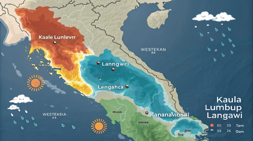 Weather map showing different climate patterns between Kuala Lumpur and Langkawi Malaysia