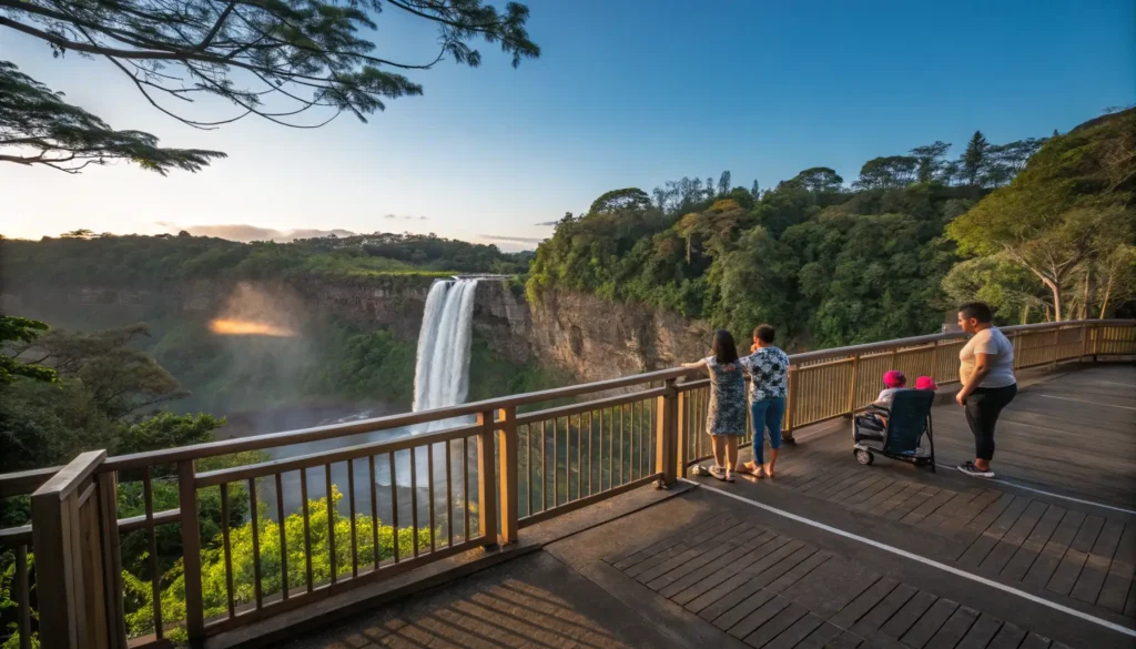  Families safely viewing Wailua Falls from the accessible official viewpoint platform