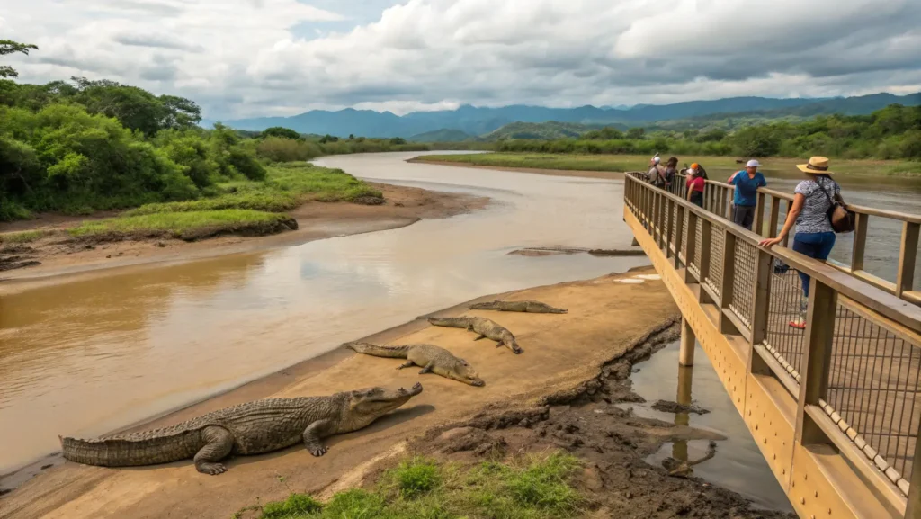 Tourists viewing large American crocodiles sunning themselves on the banks of the Tarcoles River from the safety of Crocodile Bridge near Jaco, Costa Rica.