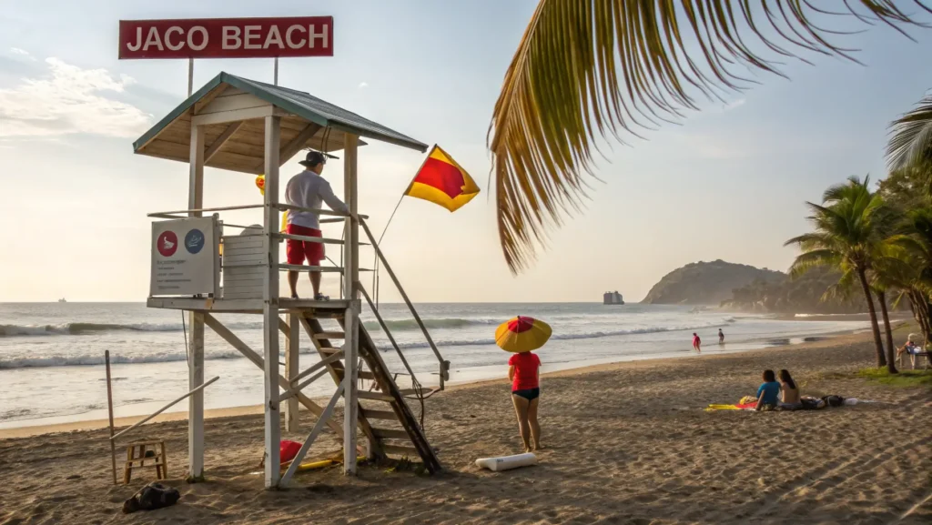 Jaco Beach safety setup with lifeguard station, warning flags, bilingual safety signs, and responsible beachgoers following guidelines under sunny skies.