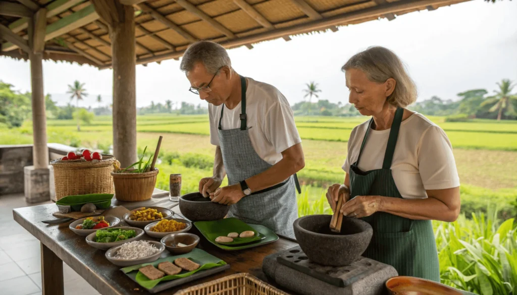 Western couple participating in traditional Balinese cooking class with local chef in open-air kitchen with rice field view and fresh tropical ingredients.