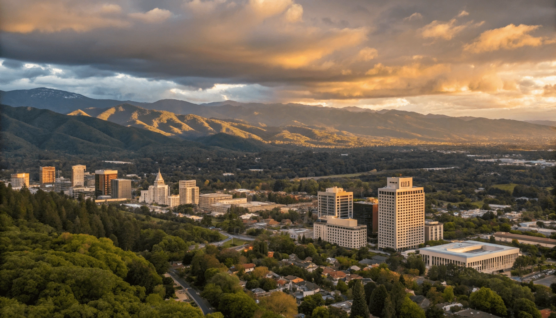 Aerial view of San Jose Costa Rica at sunset with city buildings surrounded by green mountains