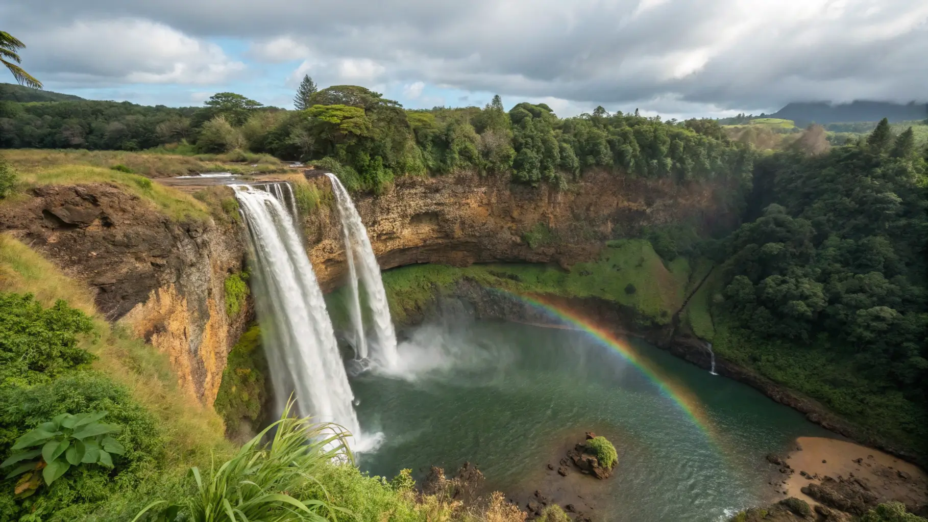 Wailua Falls in Kauai with double streams cascading 173 feet into an emerald pool, rainbow visible in the morning mist.