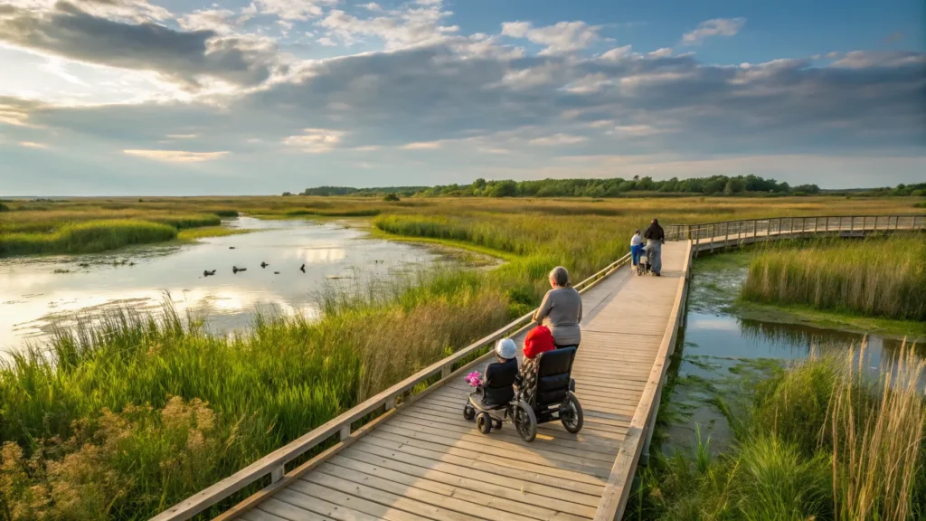 Wheelchair-accessible wetland boardwalk with family viewing waterfowl in marsh below