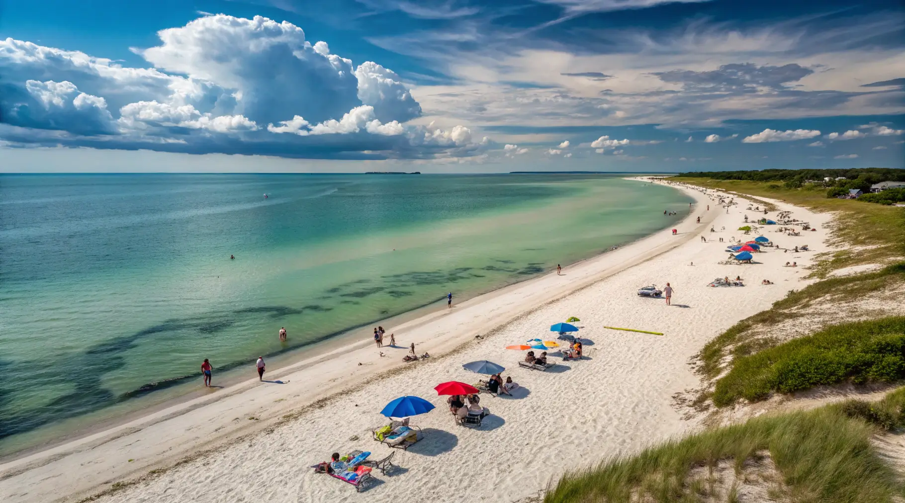 Panoramic view of Old Silver Beach in Falmouth showing white sand, calm turquoise waters, and beachgoers enjoying a sunny day.
