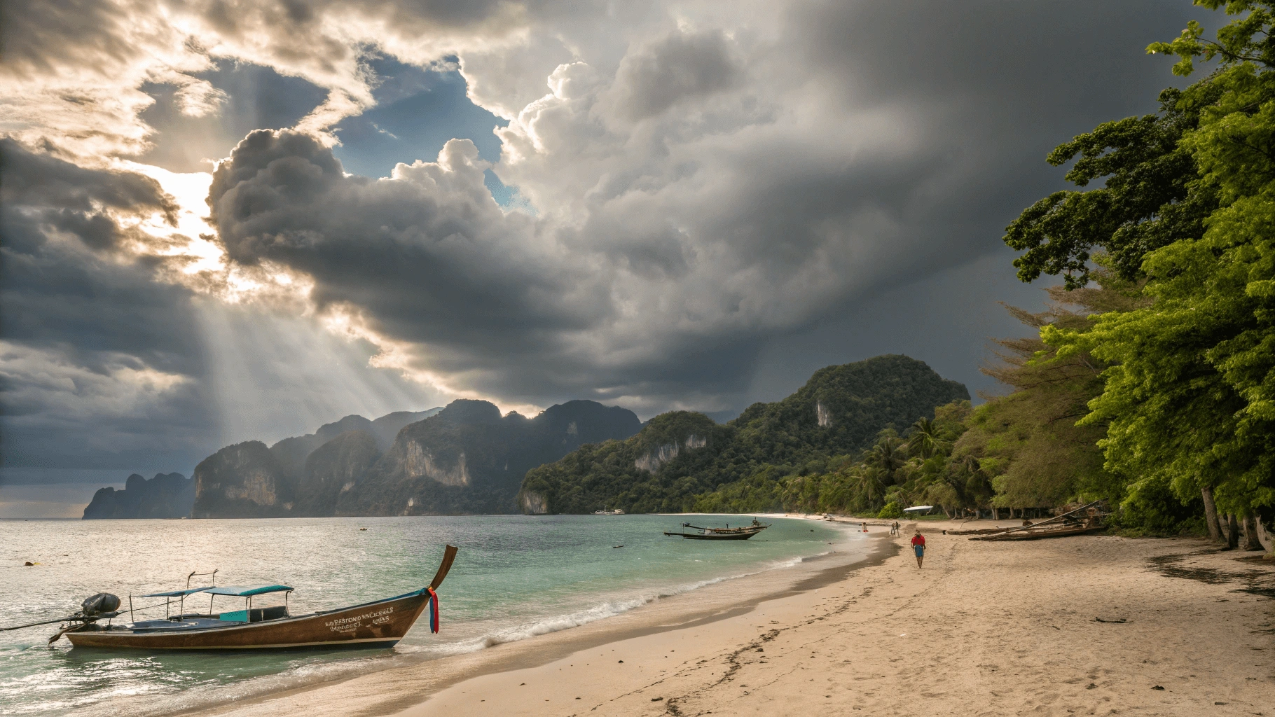 Split view comparing Thailand's beach during perfect weather and monsoon season with tourist considering both scenarios