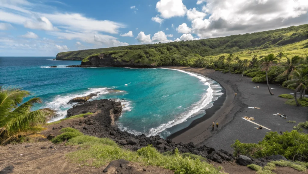 Wide panoramic view of 49 Black Sand Beach showing the entire crescent-shaped bay with black volcanic sand and turquoise waters