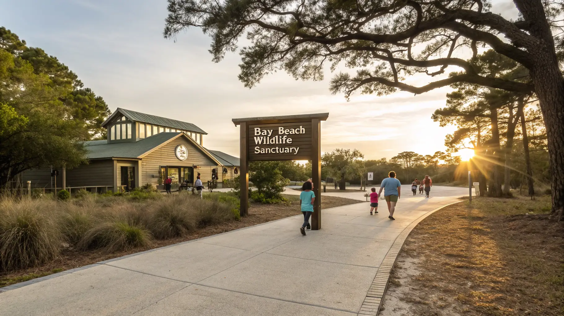 Bay Beach Wildlife Sanctuary entrance with visitors walking on paved trail toward the nature education center during golden hour
