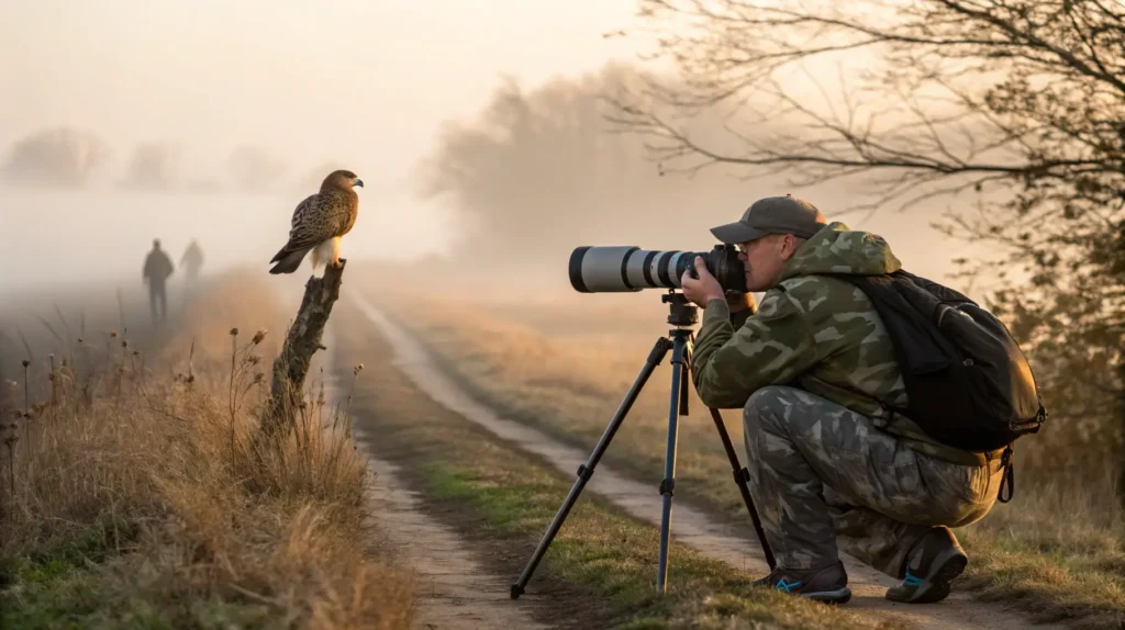 Wildlife photographer using telephoto lens to photograph red-tailed hawk at Bay Beach Wildlife Sanctuary