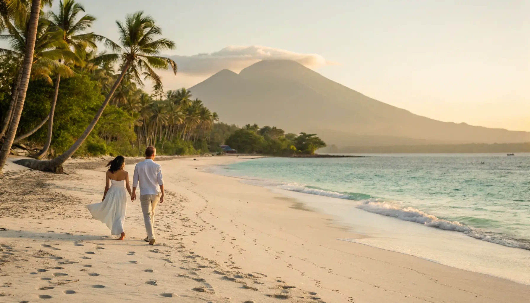 Newlywed couple walking hand-in-hand along a pristine Bali beach with turquoise waters and Mount Agung visible in the distance during golden hour.