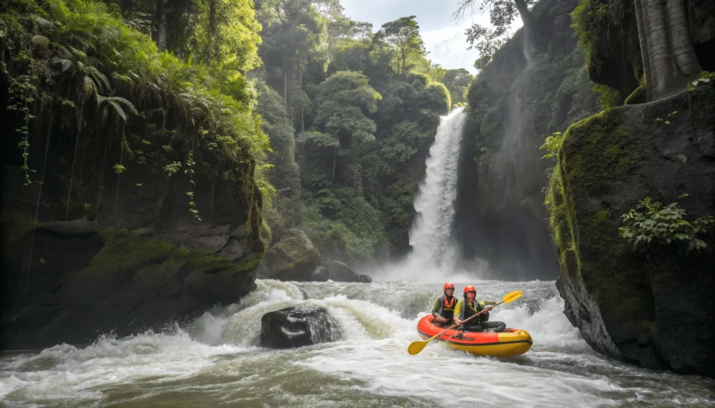 Young couple white-water rafting on Bali's Ayung River through jungle canyon with foaming rapids and waterfall visible in background.