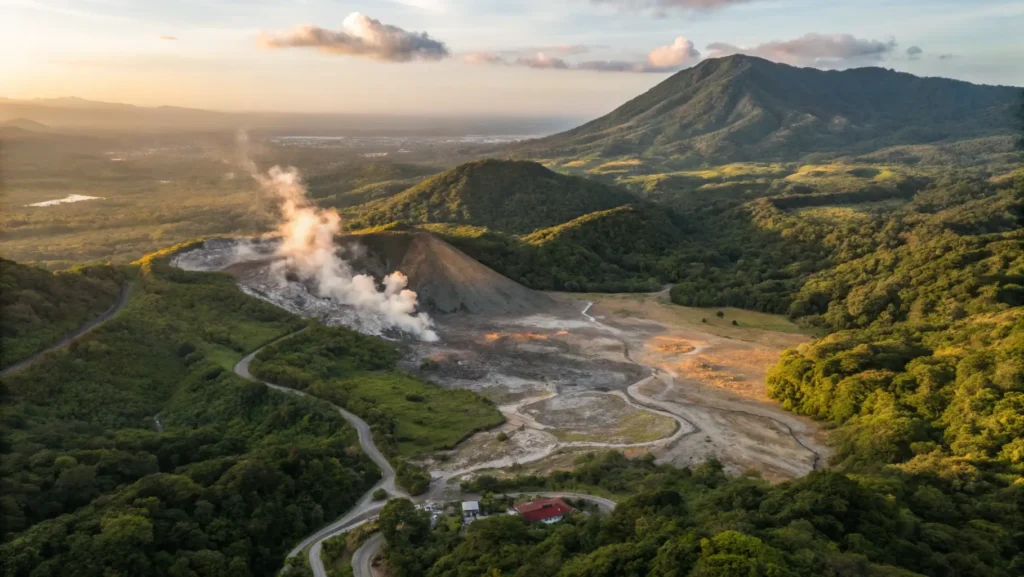 Aerial view of Rincón de la Vieja volcano with steam rising from crater, surrounded by lush rainforest and geothermal features
