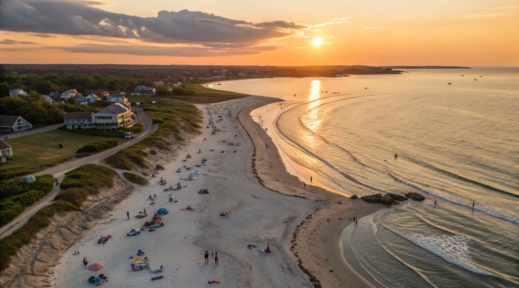 Aerial view of Old Silver Beach at sunset showing the curved shoreline, calm waters, and beachgoers enjoying the sand