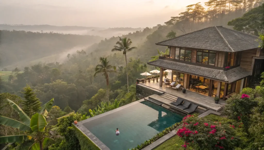Aerial view of a luxury private villa in Ubud with infinity pool overlooking lush rice terraces and misty jungle valley.