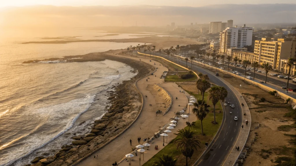 Aerial view of Casablanca's Corniche boulevard and Ain Diab beach showing the coastline, beach clubs, swimming pools, and promenade at golden hour