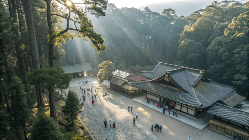 Aerial view of Ise Grand Shrine complex with unpainted cypress wood buildings among ancient cedar trees, sacred bridges, and pilgrims on gravel paths