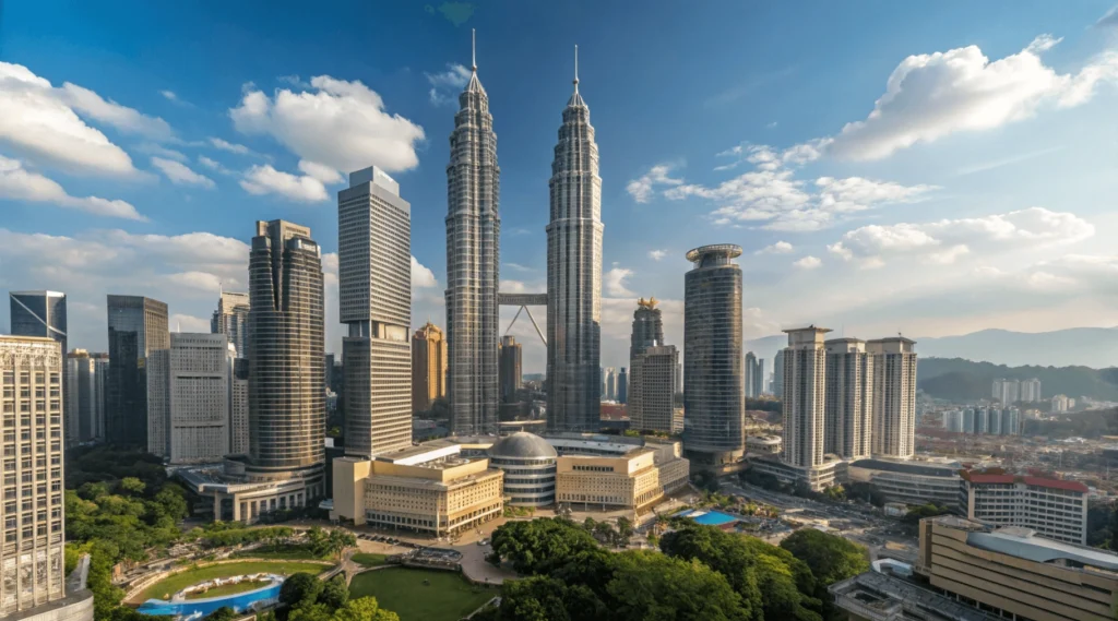 Aerial view of Kuala Lumpur during February showing perfect weather conditions and skyline with Petronas Towers