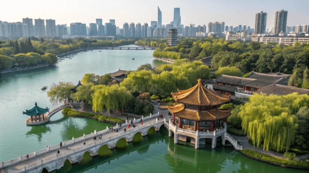 Aerial view of Kunming's Green Lake Park showing traditional pavilions and bridges over jade-green water, people practicing tai chi, and the modern city skyline in the background