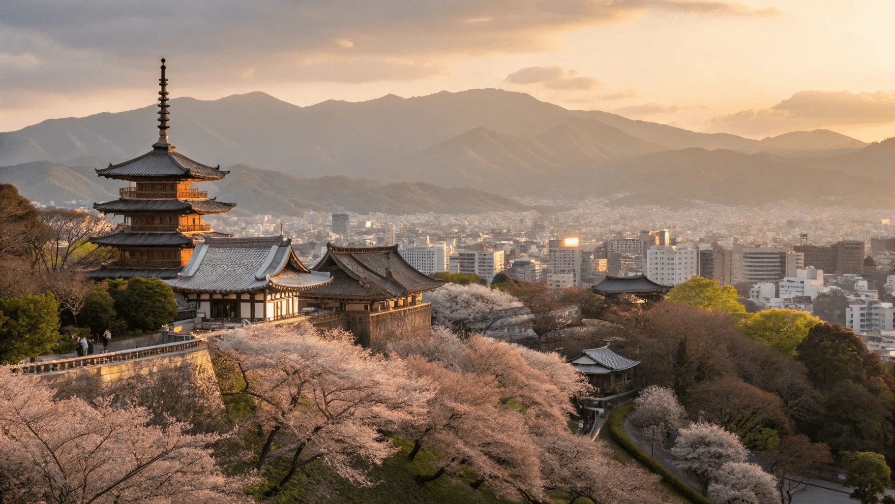 Aerial view of Kyoto cityscape at sunset showing traditional temples among modern buildings with mountains in background and cherry blossoms in foreground