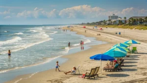 A beautiful beach scene in Surfside Beach, SC, with families enjoying the sun and ocean waves.