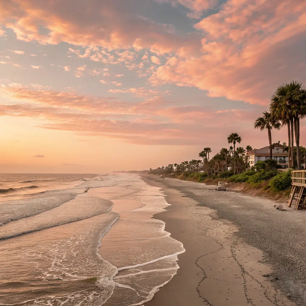 A tranquil sunset over Surfside Beach, SC, symbolizing peace and security.