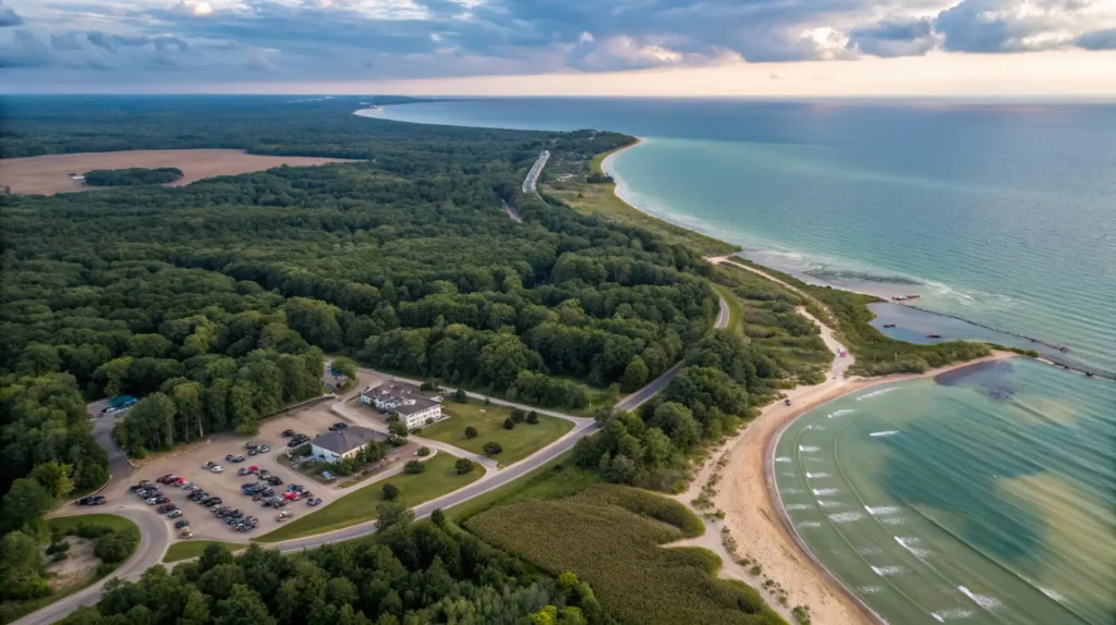 Aerial view of Bay Beach Wildlife Sanctuary showing parking areas, trails, and nature education center with Lake Michigan in background