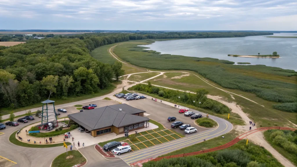 Aerial view of Bay Beach Wildlife Sanctuary showing complete layout with trails, parking, nature center, and Fox River