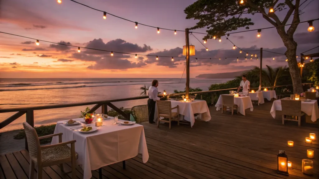 Oceanfront restaurant in Jaco at sunset with candlelit tables, fresh seafood, tropical cocktails, and dramatic sky colors reflecting on the Pacific Ocean.
