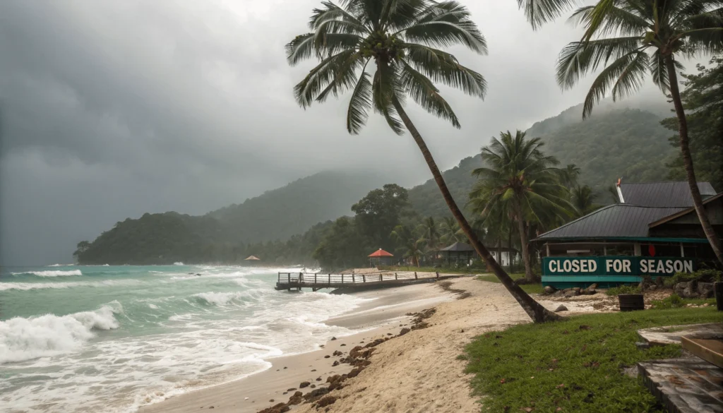 Deserted beach on Perhentian Island during northeast monsoon with heavy rain, rough dark seas, bent palm trees, and closed resort buildings with 'CLOSED FOR SEASON' signs.