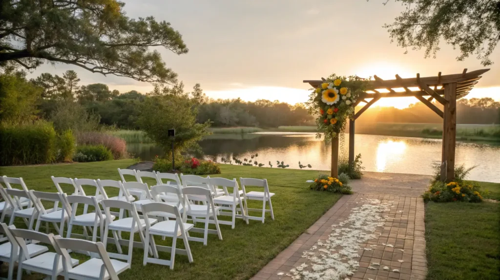 Wedding ceremony at Bay Beach Wildlife Sanctuary pavilion with natural backdrop and guest seating