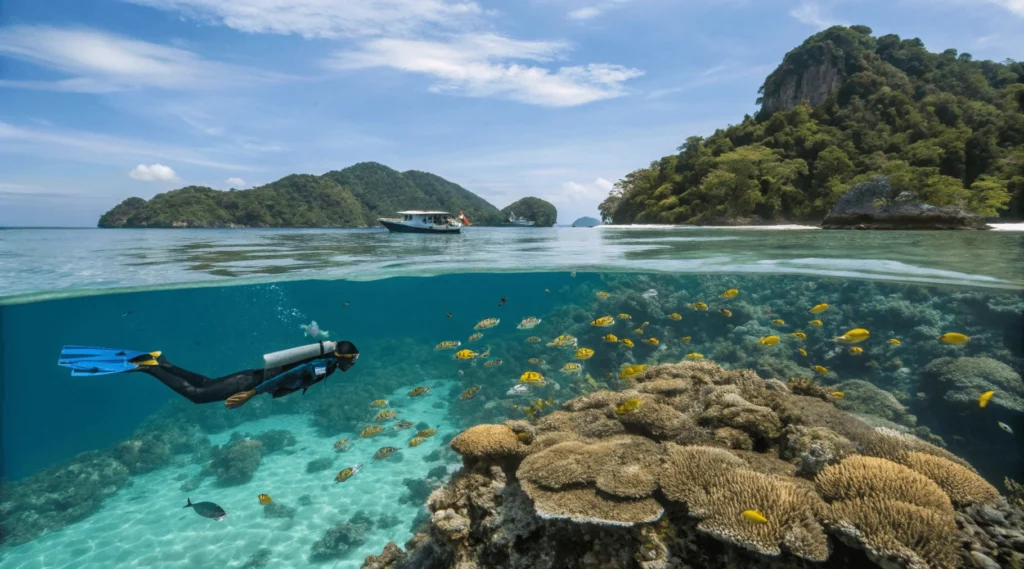 Split-level underwater photograph showing snorkeling near Langkawi during peak visibility season with coral and tropical fish