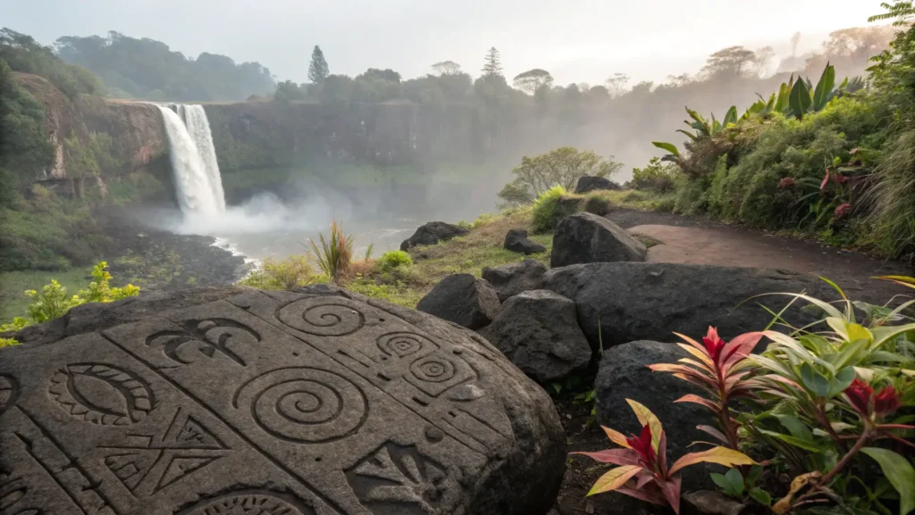 Hawaiian petroglyphs near Wailua Falls showing cultural significance of Piko o Wakea sacred site