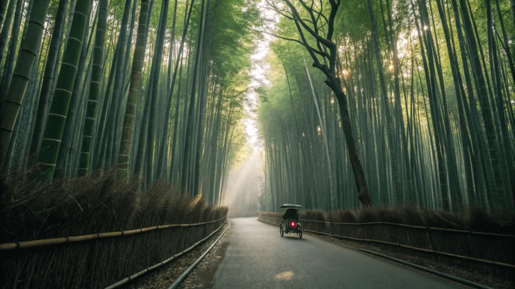 Arashiyama Bamboo Grove path at dawn with towering green bamboo stalks creating natural corridor, light filtering through canopy, mist near ground, and solitary rickshaw on path