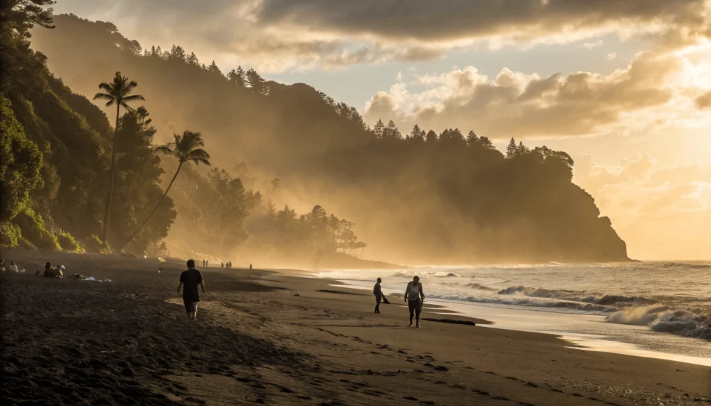 Atmospheric late afternoon photograph of 49 Black Sand Beach with golden light on black sand, long shadows from trees, and visitors preparing to depart after a day at the beach.