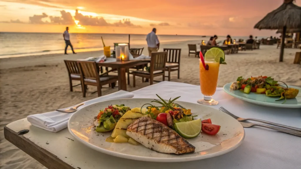Fresh seafood dinner and tropical cocktail at beachfront restaurant during colorful Tamarindo sunset